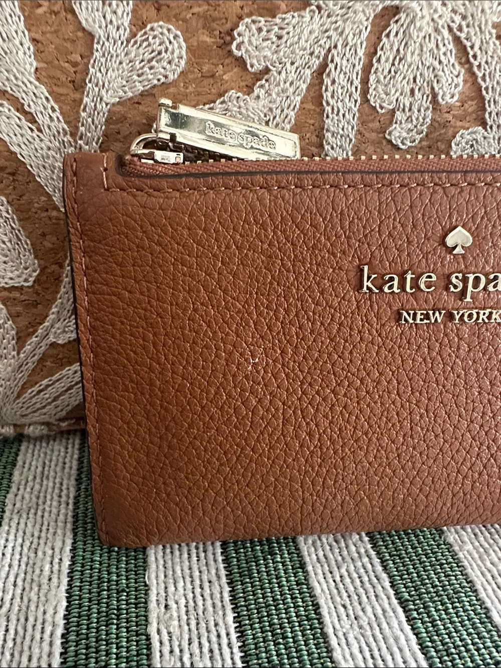 kate spade Brown Pebble Leather Zip Card Wallet